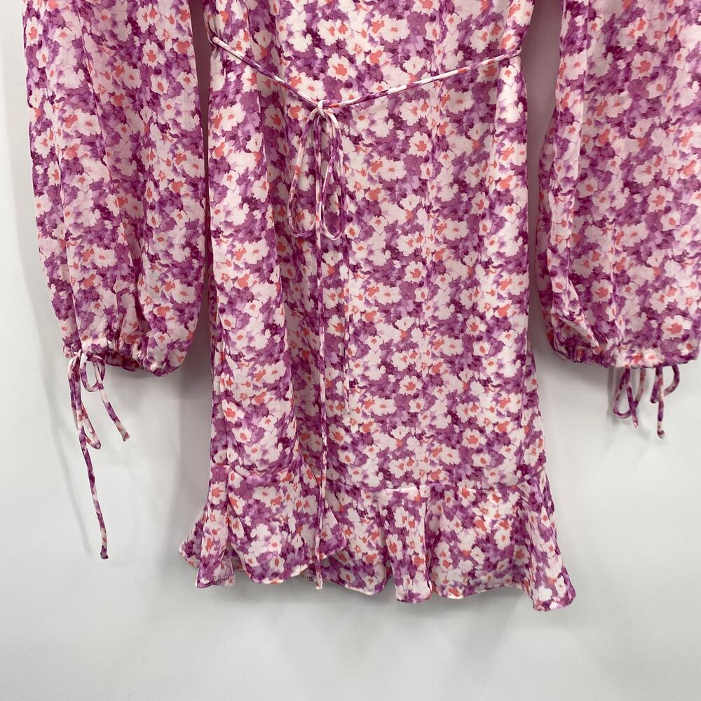 Petal + Pup Paige Floral Mini Dress Long Balloon Sleeve Flounce Hem Belted 6 - Picture 4 of 10